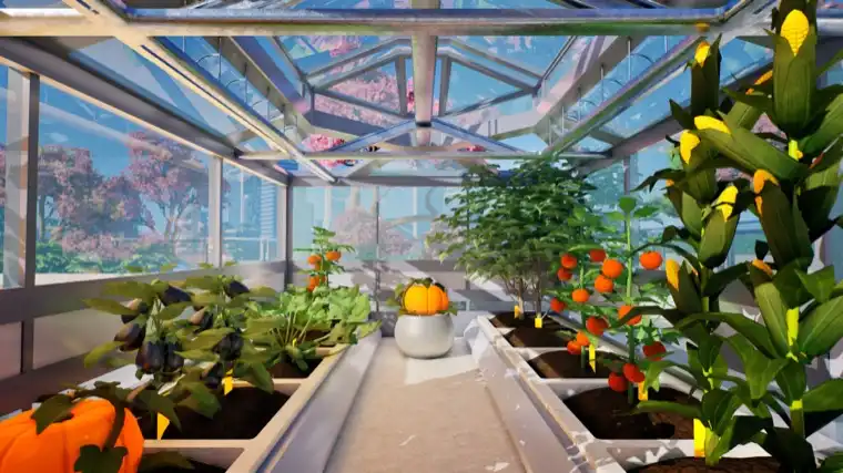 A Tiny Eden interior with shelves of potted plants beside tall city windows